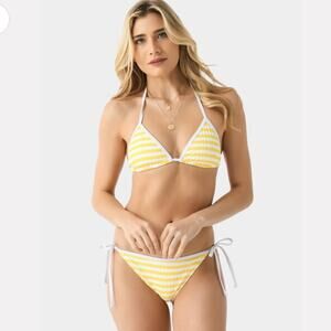 SOLID & STRIPED Women's The Parker Smooth Bikini Top Bottoms Yellow Wht Stripe